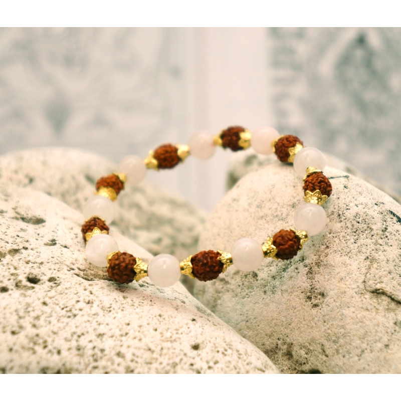 Браслет Рудракша + латунь + Рожевий кварц