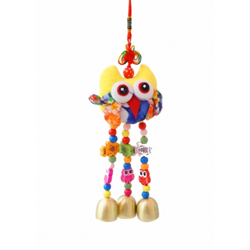 Підвіска з тканини Сова + 3 литі дзвіночки Жовта Підвіска з тканини Сова + 3 литі дзвіночки Жовта