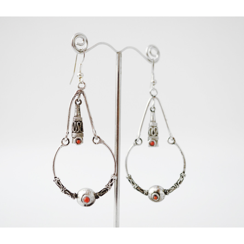 Сережки кільце + трикутник Червона вставка