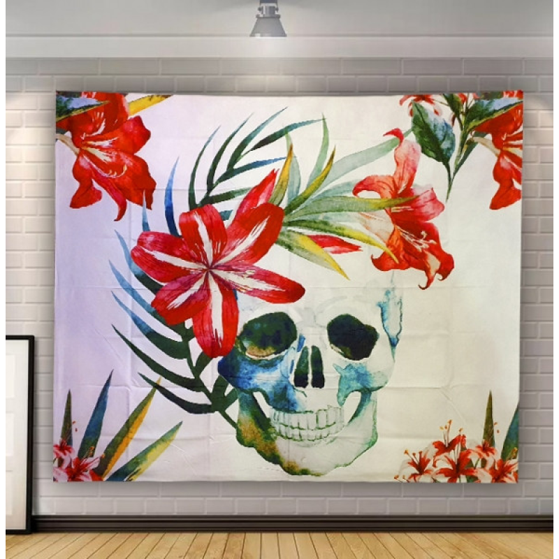 Гобелен настінний Череп у квітах Бохо Поліестер
