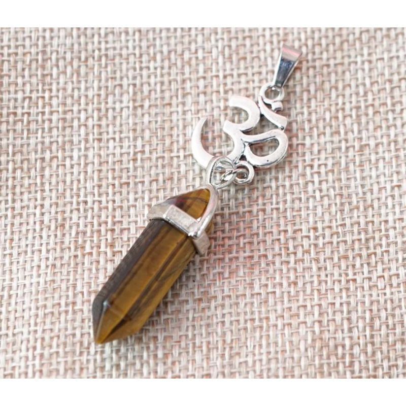 Кулон білий метал “ОМ“ вставка Тигрове око