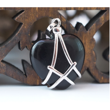 Кулон Серце в сітці вставка Чорний обсидіан