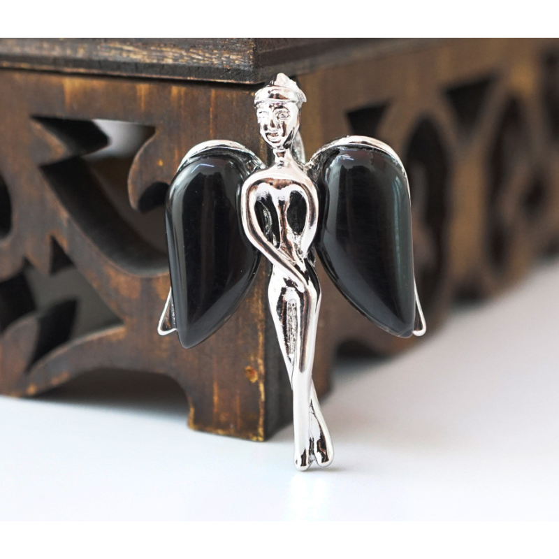 Кулон Ангел з кам“яними крилами вставка Чорний обсидіан