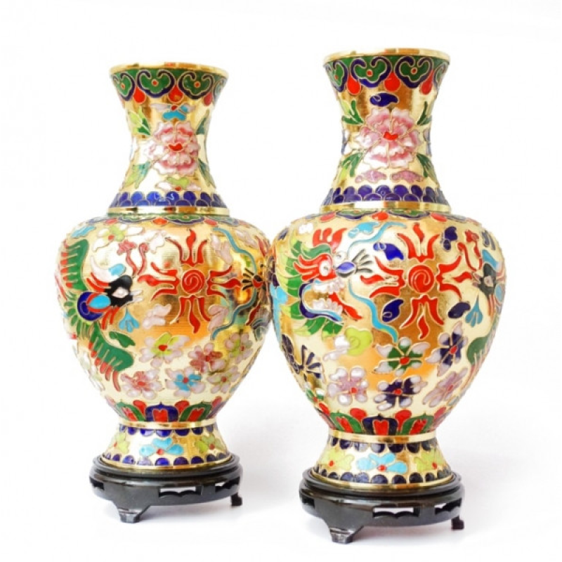 Дві вази на підставці перегородчаста емаль Дракон Фенікс
