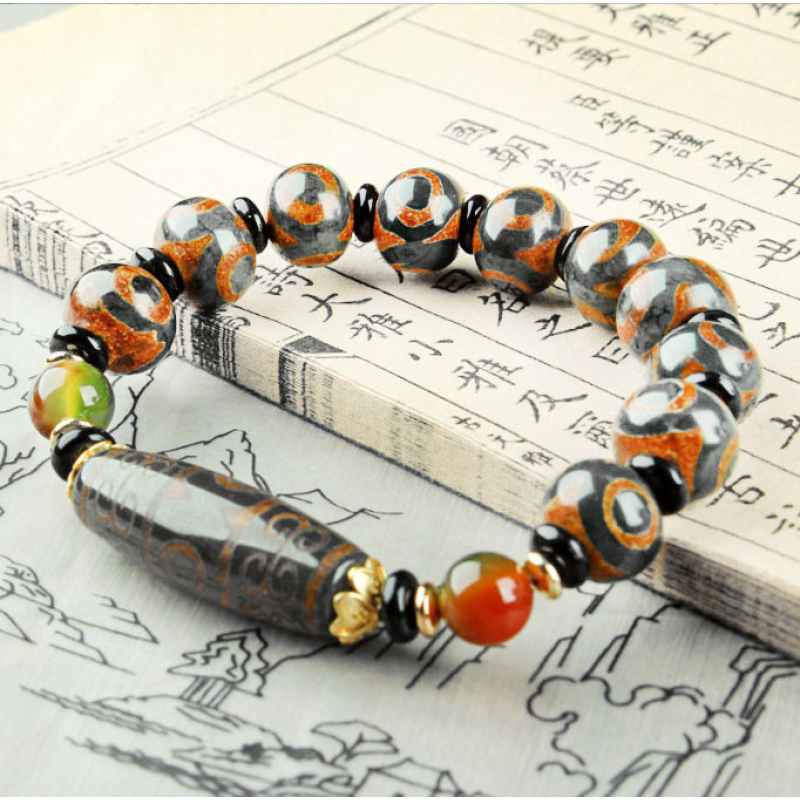 Браслет Зелено-коричневі ДЗІ 3 ока і десять на 3 ока