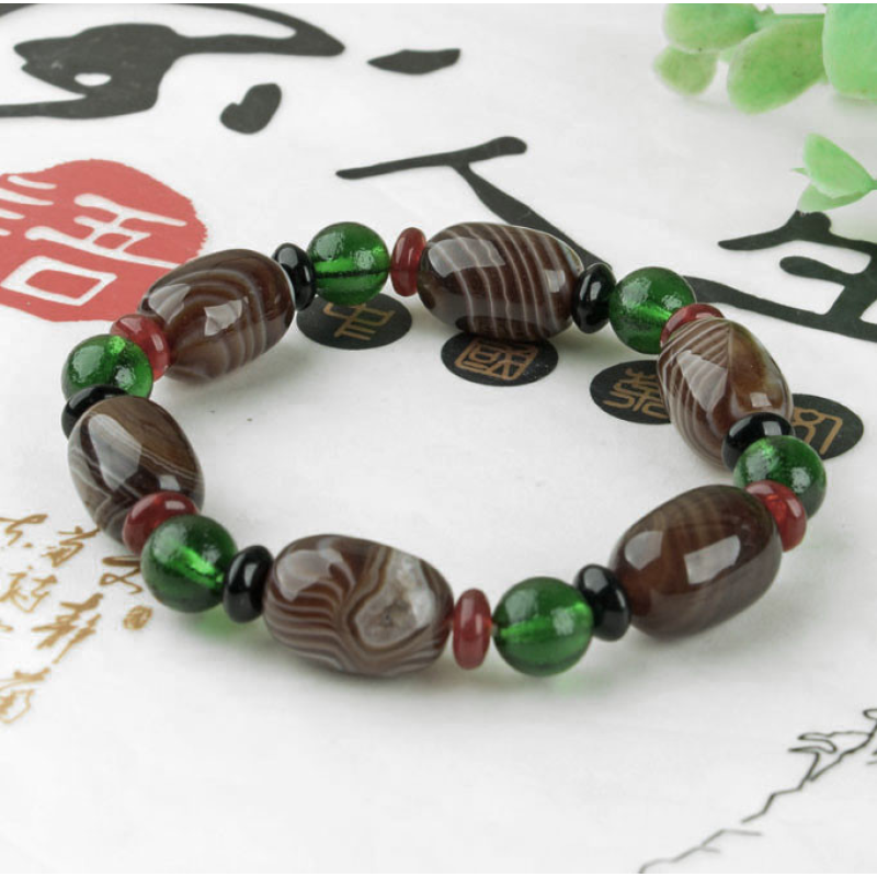 Браслет Коричневий агат та зелене скло