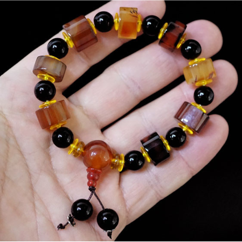 Браслет Коричневий агат та чорний обсидіан з пензликом
