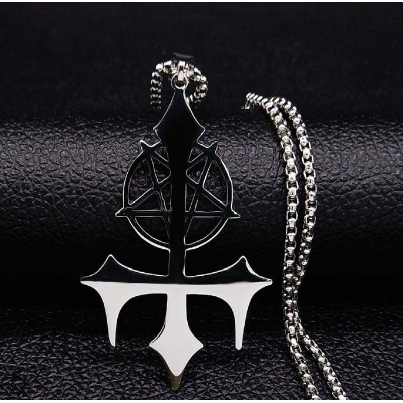 Пентакль на перевернутому хресті білий метал з ланцюжком 60см.