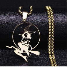 Відьма на мітлі у колі жовтий метал з ланцюжком 60см.