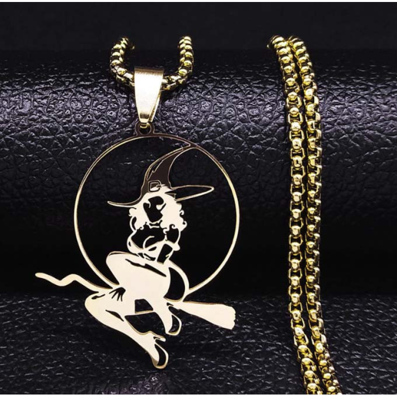 Відьма на мітлі у колі жовтий метал з ланцюжком 60см.