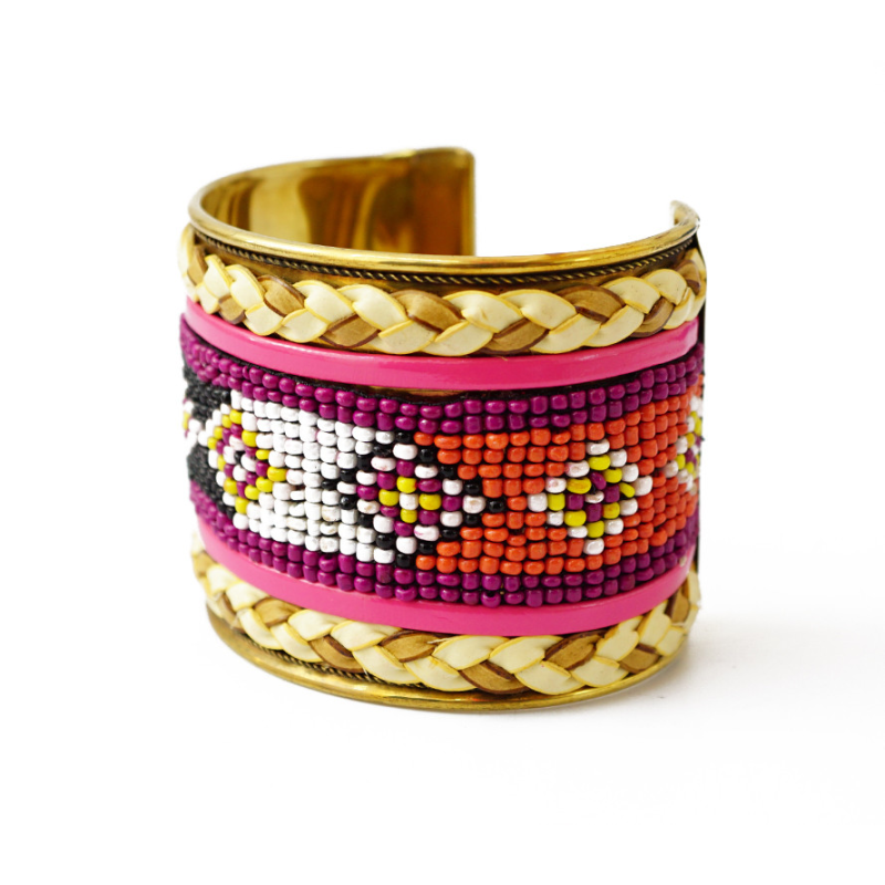 Браслет Скоба Біссер + Шкіра №7