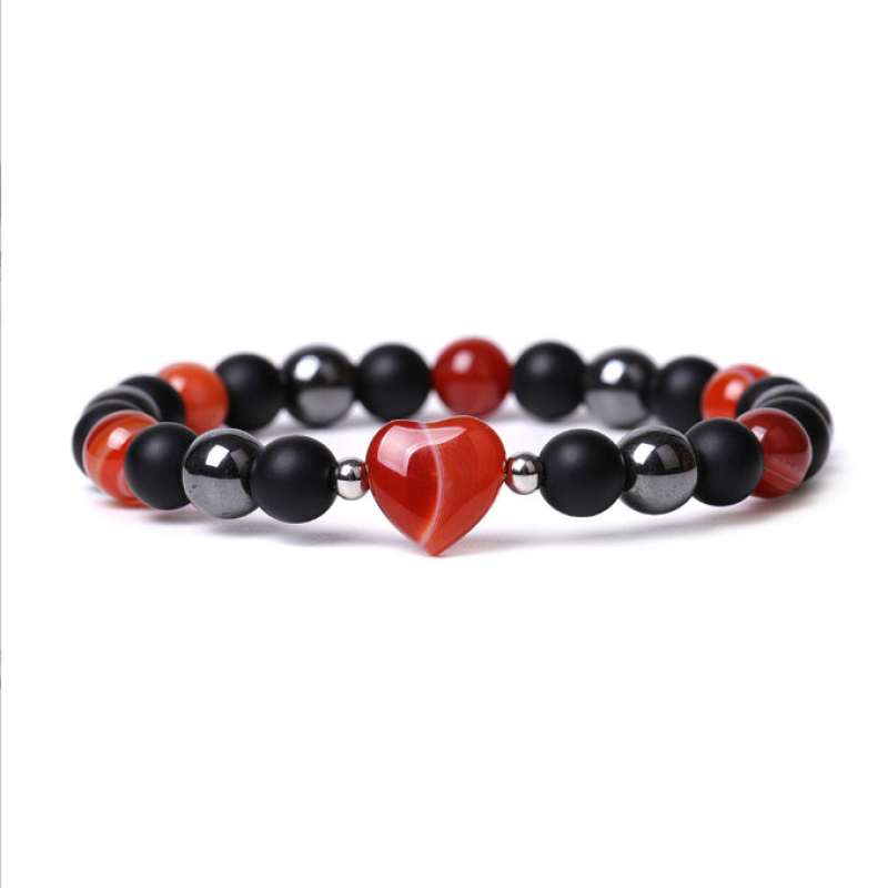 Браслет Серце Гематит Лавовий камінь Червоний агат