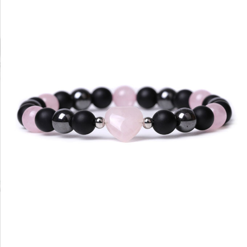 Браслет Серце Гематит Лавовий камінь Рожевий кварц
