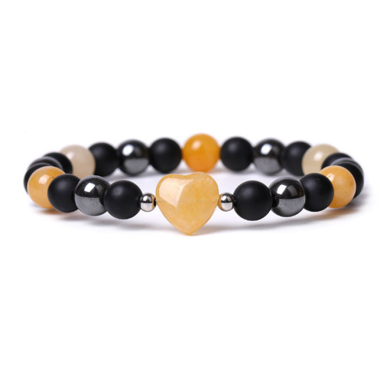 Браслет Серце Гематит Лавовий камінь Жовтий агат